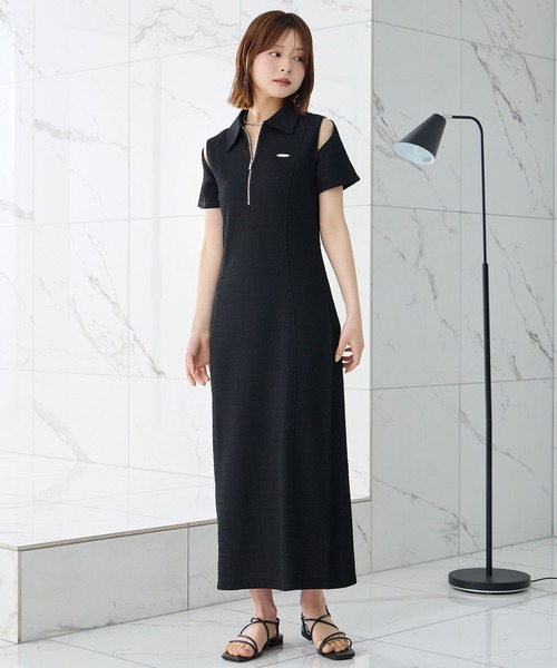 Elishe ワンピース 夏 半袖 ハーフジップジャガードロングワンピース