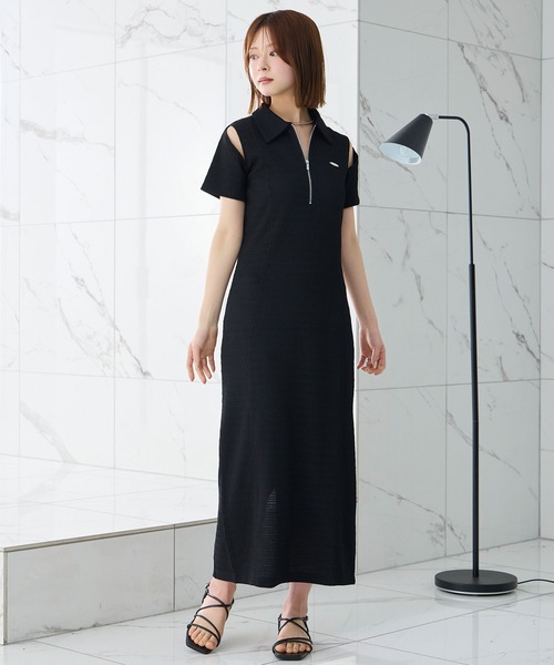 Elishe ワンピース 半袖 ハーフジップジャガードロングワンピース