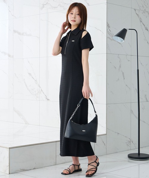 Elishe ワンピース 半袖 ハーフジップジャガードロングワンピース