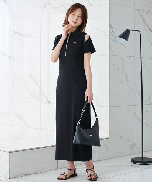 Elishe ワンピース 半袖 ハーフジップジャガードロングワンピース
