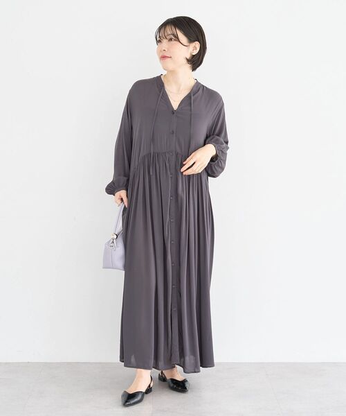 5336【美品】45R スキッパーギャザーチュニック ワンピース ダークグレー Green Parks（グリーンパークス） シャツワンピース スキッパー