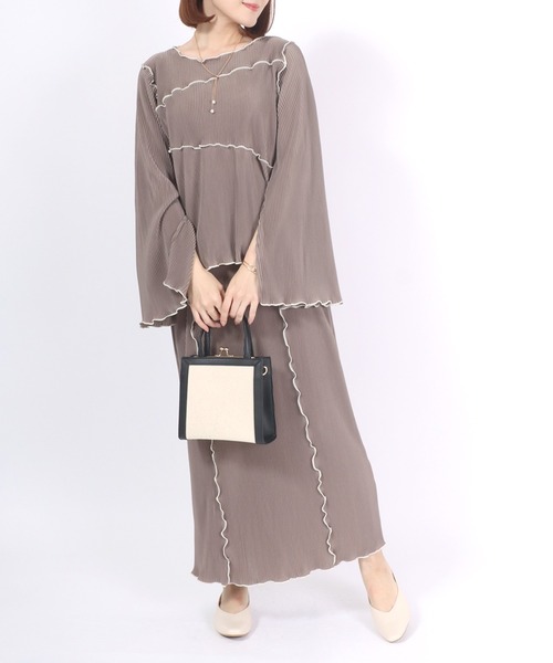 セットアップ スリーブスリット カットメロープリーツトップス＆ロング  