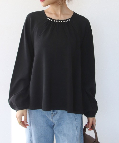 tシャツ ウール混パールネックＡラインニットプルオーバー レディース