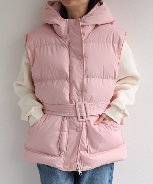 【新品】archivio ピンク ダウンベスト ベルト付き レディース LACーVERT ダウンベスト ベスト くま耳ダウンベスト レディース メンズ