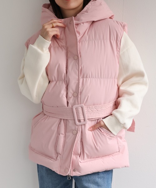 【新品】archivio ピンク ダウンベスト ベルト付き レディース LACーVERT ダウンベスト ベスト くま耳ダウンベスト レディース メンズ