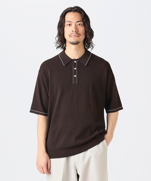 BEAMS ブラック 12ゲージニットポロ BEAMS PLUS（ビームス プラス）Knit Polo Stripe 12G（シャツ