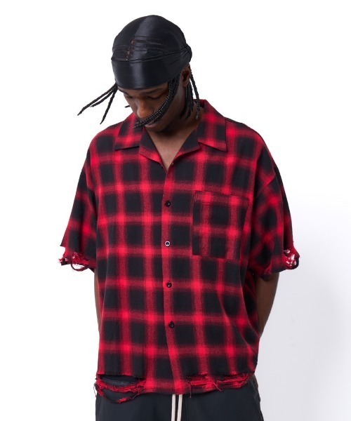ブラウス シャツ DankeSchon/ダンケシェーン/OMBRE CHECK DAMEGE S/S SHIRTS レディース メンズ DANKE SCHON シャツ DankeSchon/ダンケシェーン/OMBRE CHECK