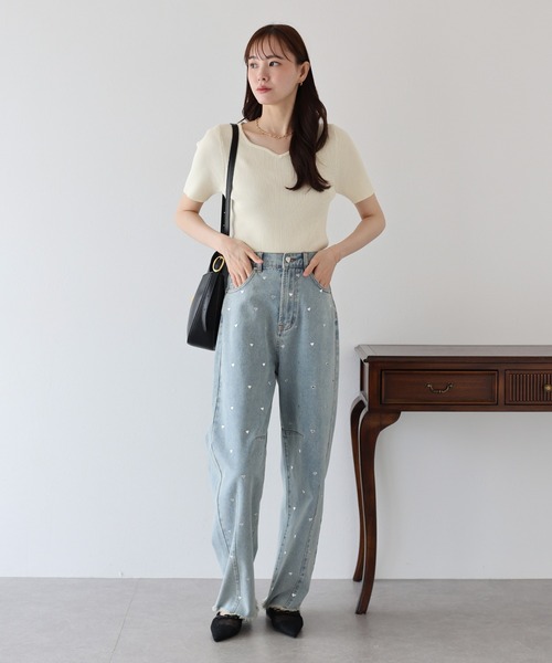ニット セーター ハートネックリブギャザーニット レディース BLUEEAST ニット セーター ハートネックリブニット レディース