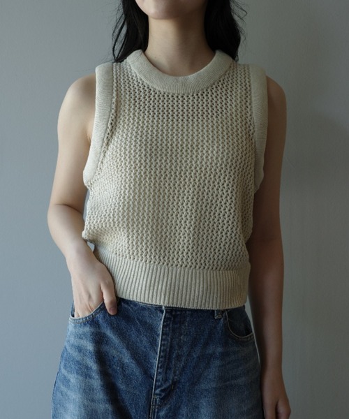 タンクトップ ノースリーブ CLANE 3D RIB MESH KNIT TOPS レディース