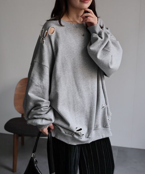 [LIZLISA doll]ダメージ加工トレーナー 灰色 スウェット トップス トレーナー スウェット レース切り替えスウェットトップス レディース