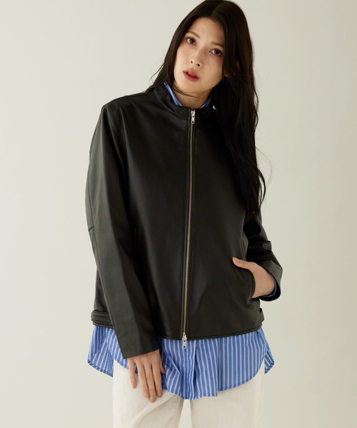 美品 現行 セオリー レザージャケット スタンドカラー ラムレザー カーキ sankyo shokai（三京商会） レザージャケット ライダース ラムレザー