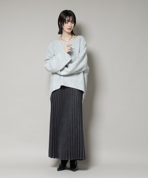 タグ付き ナノユニバース ベルト付きワイドスリーブVニット ゆったり チャコール NANO universe（ナノ・ユニバース） ニット セーター Vネックワイド