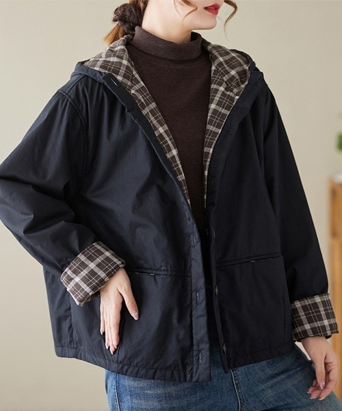 コート アウター チェック裏地付きフードジャケット レディース