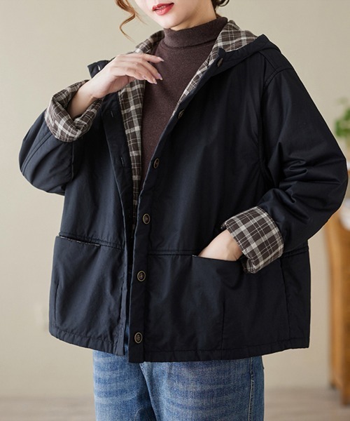 コート アウター チェック裏地付きフードジャケット レディース