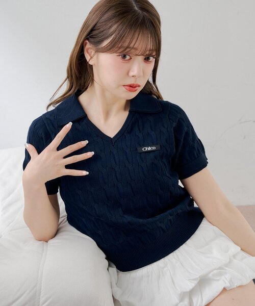 即日発送　chico ポロシャツニット　ネイビー Chico（チコ） ニット セーター レイヤードケーブルポロニット