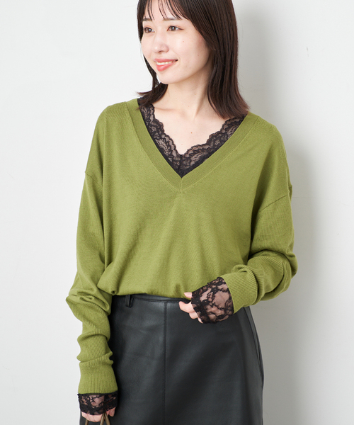 SLOBE IENA スローブイエナ レーストップス SLOBE IENA（スローブイエナ） tシャツ 「WEB限定/追加」Vネックレース