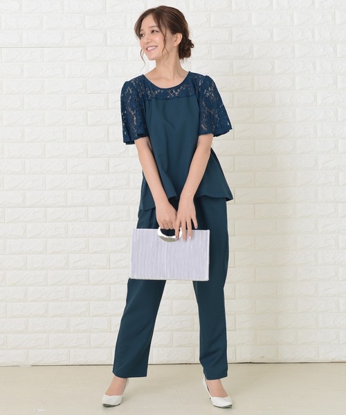 レースレディース Lace Ladies レース切り替え半袖パンツドレスセットアップ （ブラック） レースレディース Lace Ladies レース切り替え半袖パンツドレス