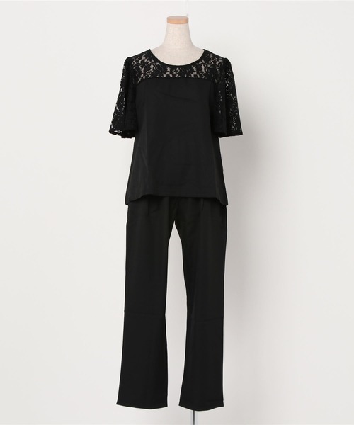 レースレディース Lace Ladies レース切り替え半袖パンツドレスセットアップ （ブラック） レースレディース Lace Ladies レース切り替え半袖パンツドレス