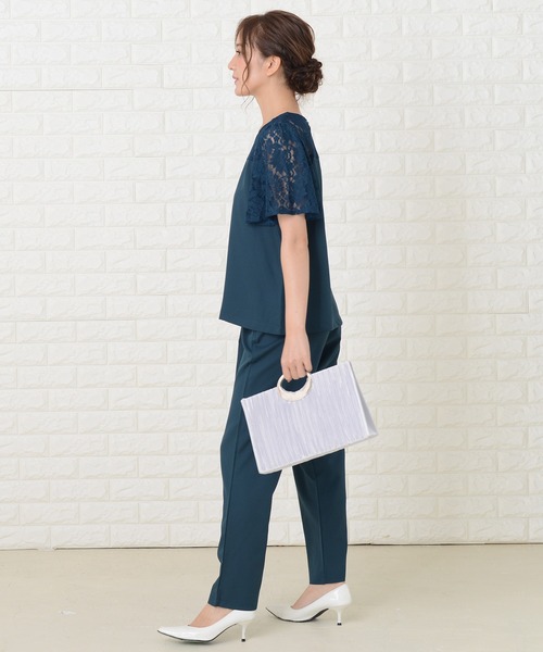 Lace Ladies ドレス レース切り替え半袖パンツドレス