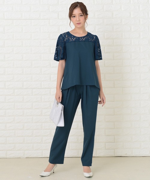 レースレディース Lace Ladies レース切り替え半袖パンツドレスセットアップ （ブラック） レースレディース Lace Ladies レース切り替え半袖パンツドレス