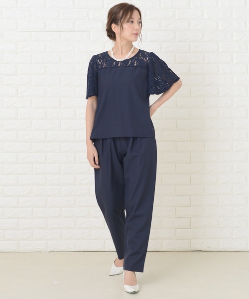 レースレディース Lace Ladies レース切り替え半袖パンツドレスセットアップ （ブラック） Lace Ladies ドレス レース切り替え半袖パンツドレス