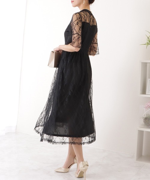 美品♡LEJAウエストベルト 切り替え ロング丈 ドレス ワンピース 結婚式 L ウエストベルト付き透け感刺繍レース切り替えロング丈ドレス