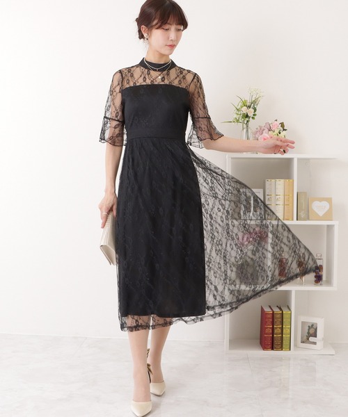 レース切替ニットワンピース シルク ロングワンピース Lace Ladies ワンピース ウエスト切り替え ロングワンピース