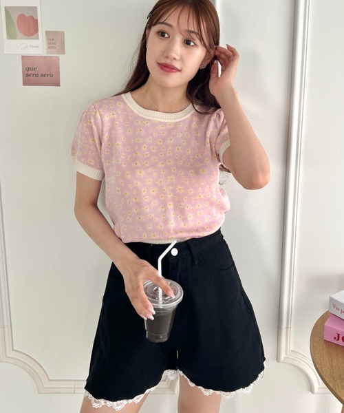 Loueme tシャツ 半袖 フラワージャガードパフスリーブトップス