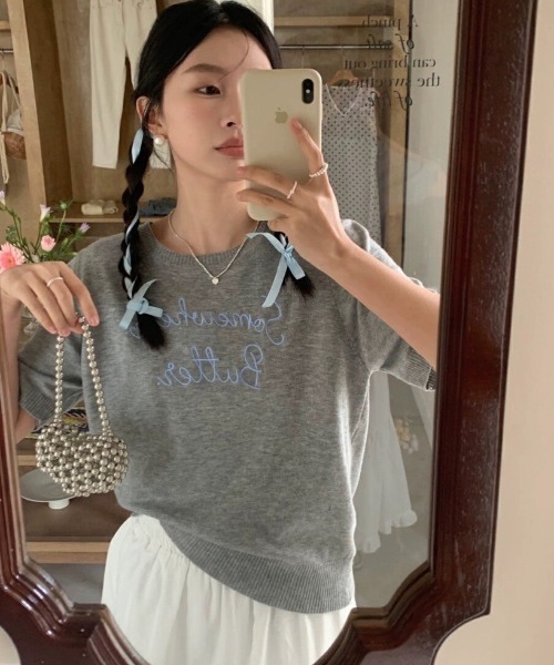 グレー ニット 半袖 トップス ロゴ刺繍 LACーVERT tシャツ 半袖 ロゴ刺繍サマーニット レディース : ZOZOTOWN