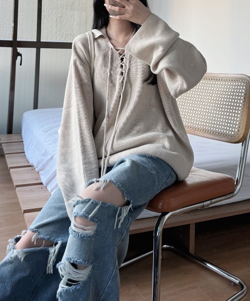 nemne（ネンネ） ニット セーター 「Delfy」編み上げスキッパーニット