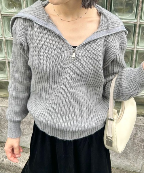 ニット セーター カジュアルオープンジッパーニット レディース