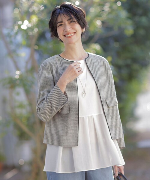 ジャケット ノーカラージャケット 「洗える」Calameraリングメッシュ