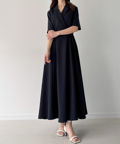 JUNOAH ワンピース サイドベルト半袖テーラードフレアワンピース