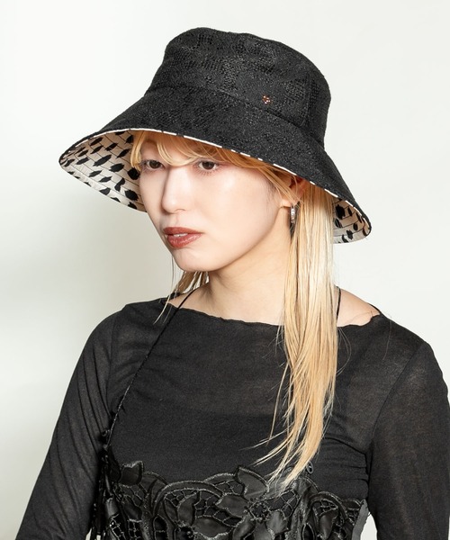 CA4LA ブラック 麦わら帽子 花柄 CA4LA（カシラ） 帽子 ハット uvカット 紫外線カット レディース POOL