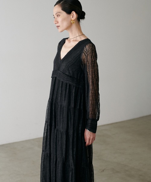 14 完売 ダイアグラム レース 切替 ニット ロングワンピース ブラック S LARUTA（ラルータ） ワンピース 「LARUTA」レース切替ロングワンピース