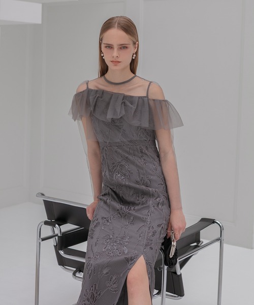 レジャ Leja 2WAYアシンメトリーフリルチュールフラワーIラインワンピースドレス2点セット美脚効果結婚式 パーティードレス 成人式 二次会 同窓 Leja ドレス 「LEJA」2WAYアシンメトリーフリルチュールフラワー
