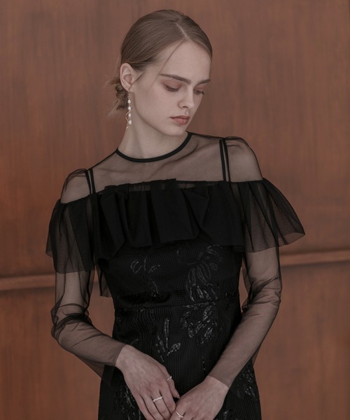 レジャ Leja 2WAYアシンメトリーフリルチュールフラワーIラインワンピースドレス2点セット美脚効果結婚式 パーティードレス 成人式 二次会 同窓 Leja ドレス 「LEJA」2WAYアシンメトリーフリルチュールフラワー