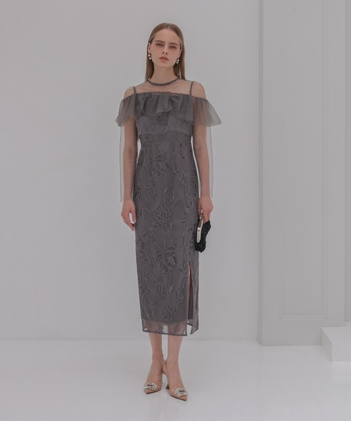 レジャ Leja 2WAYアシンメトリーフリルチュールフラワーIラインワンピースドレス2点セット美脚効果結婚式 パーティードレス 成人式 二次会 同窓 Leja ドレス 「LEJA」2WAYアシンメトリーフリルチュールフラワー