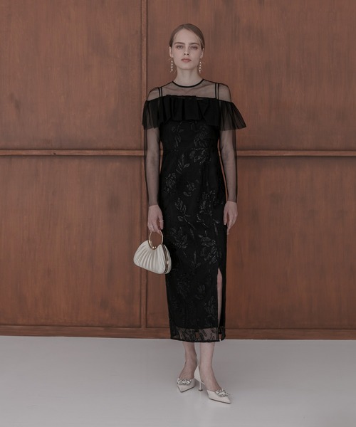 レジャ Leja 2WAYアシンメトリーフリルチュールフラワーIラインワンピースドレス2点セット美脚効果結婚式 パーティードレス 成人式 二次会 同窓 Leja ドレス 「LEJA」2WAYアシンメトリーフリルチュールフラワー