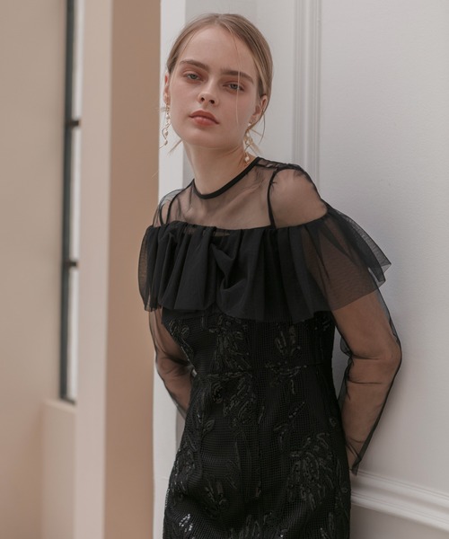 レジャ Leja 2WAYアシンメトリーフリルチュールフラワーIラインワンピースドレス2点セット美脚効果結婚式 パーティードレス 成人式 二次会 同窓 Leja ドレス 「LEJA」2WAYアシンメトリーフリルチュールフラワー