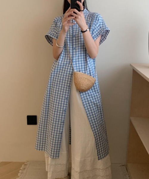 シャツワンピース シンプルチェック柄ロングシャツワンピース