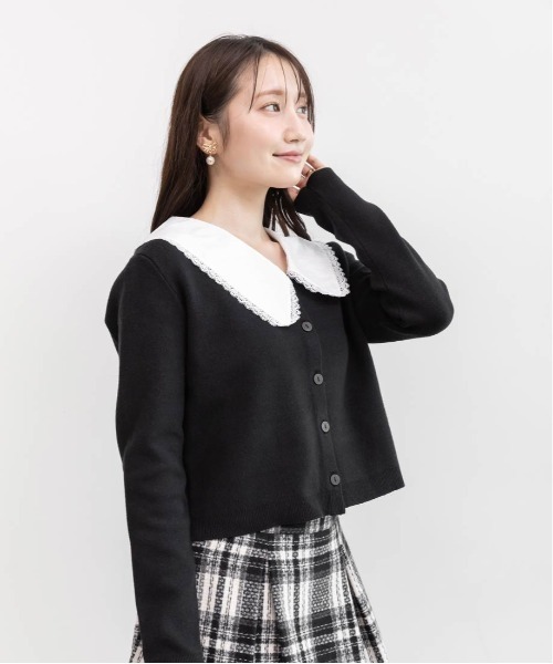 美品 パトゥ 2way Vネック 長袖 カーディガン ブラック M 襟 トップス moment+ カーディガン N/Tワッシャー前後2WAYボリュームスリーブ