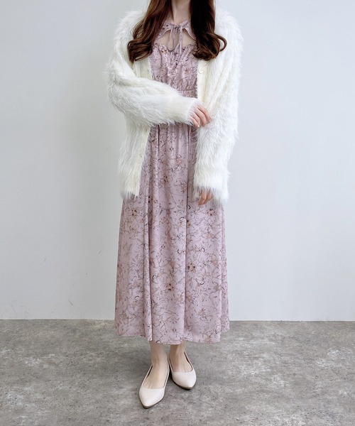 i223◯ 45R コットンワンピース インディゴ 花柄ワンピース INGNI（イング） ワンピース 「WEB限定」デコルテオープン花柄