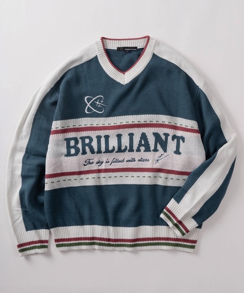 ニット セーター 「82」切替ロゴデザイン Vネック ジャガードニット