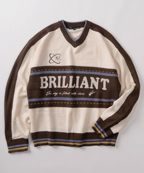 ニット セーター 「82」切替ロゴデザイン Vネック ジャガードニット