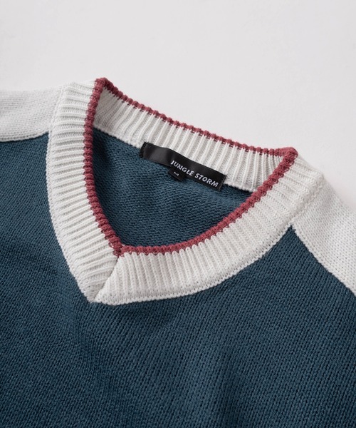 ニット セーター 「82」切替ロゴデザイン Vネック ジャガードニット