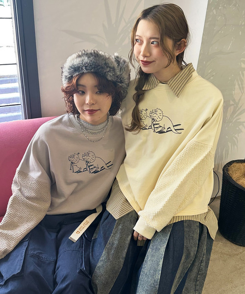 DOUBLE NAME（ダブルネーム） tシャツ とにかく進む恐竜刺しゅうプル