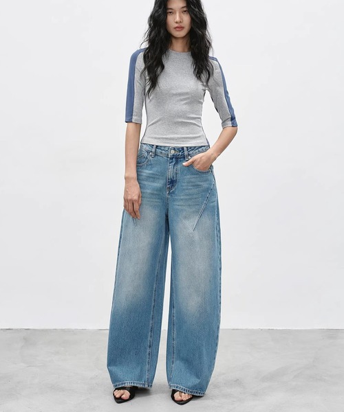 ワイドパンツ ジーンズ デニム デニムパンツ スラントシーム ワイドデニムパンツ EM26s054「EIGHTHMONTH」 レディース メンズの画像