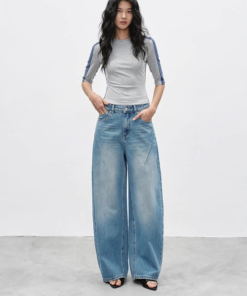 ワイドパンツ ジーンズ デニム デニムパンツ スラントシーム ワイドデニムパンツ EM26s054「EIGHTHMONTH」 レディース メンズの画像