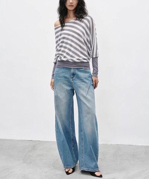 ワイドパンツ ジーンズ デニム デニムパンツ スラントシーム ワイドデニムパンツ EM26s054「EIGHTHMONTH」 レディース メンズの画像
